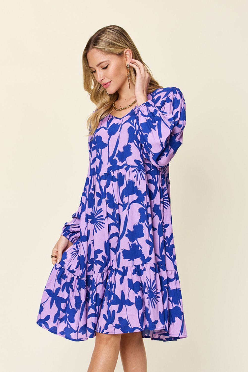 Double Take Two-Tone Printed Ruffle Boho Dress