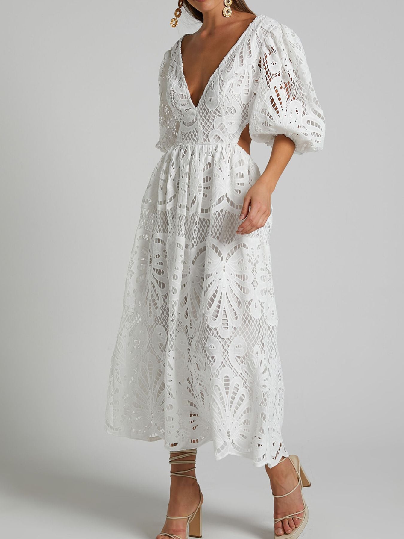 Cutout Back Lace Crochet V-Neck Dress Trendsi