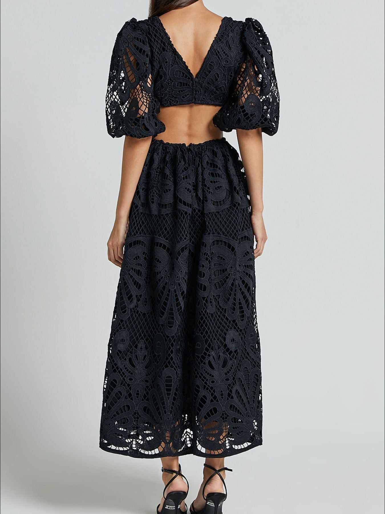 Cutout Back Lace Crochet V-Neck Dress Trendsi