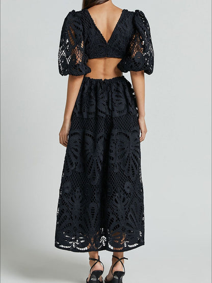 Cutout Back Lace Crochet V-Neck Dress Trendsi