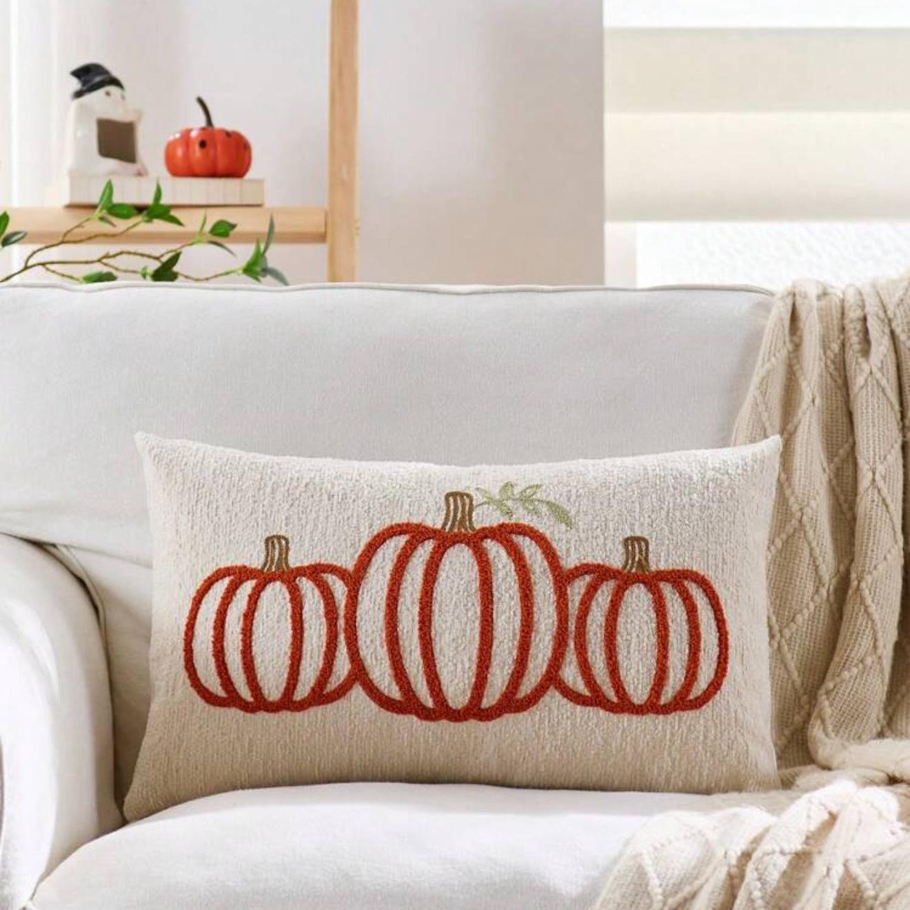 Embroidered Orange Pumpkin Lumbar Pillow  DAME BOHEME