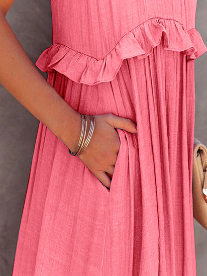 Ruffled Sleeveless Tiered Maxi Dress with Pockets Trendsi