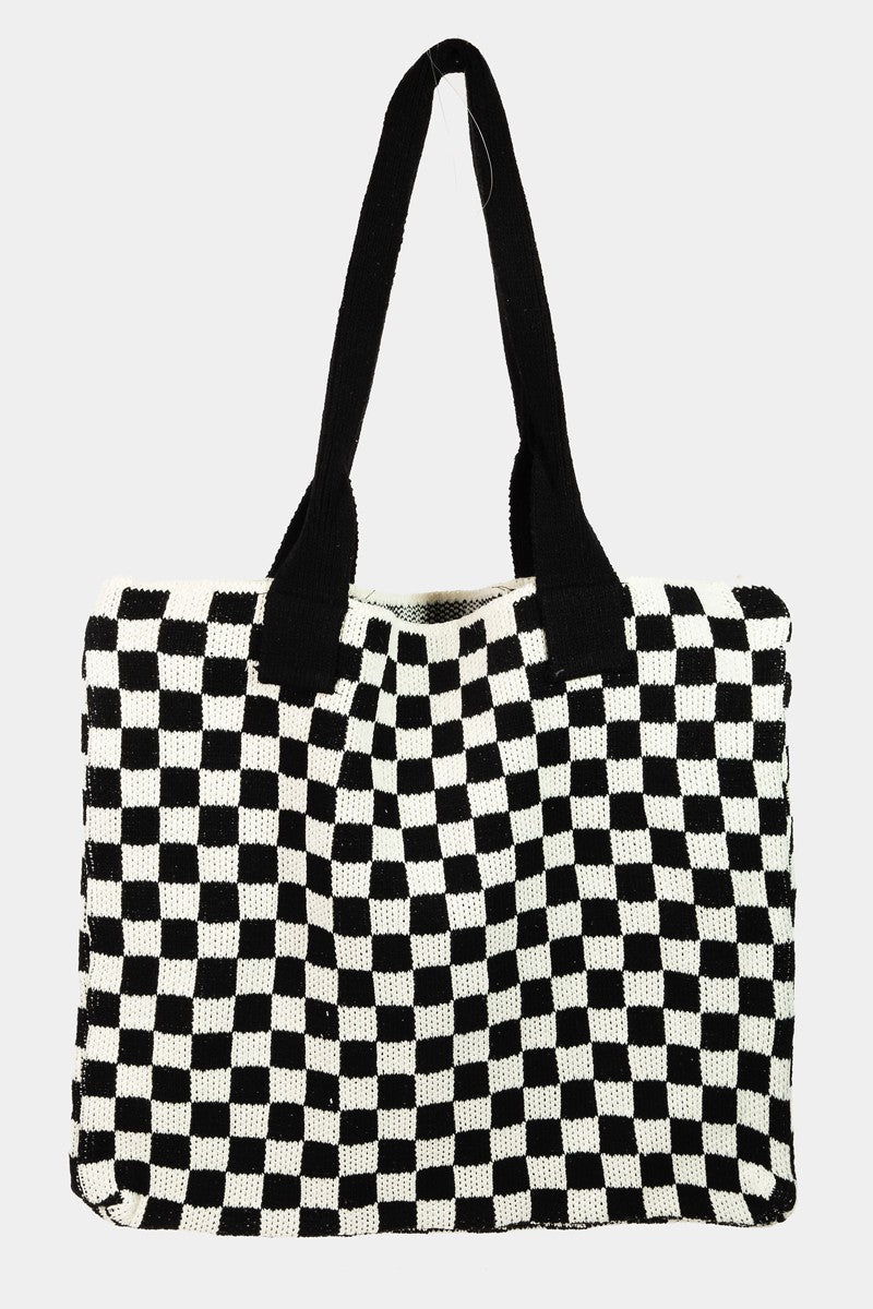 Fame Checkered Pattern Knit Tote Bag