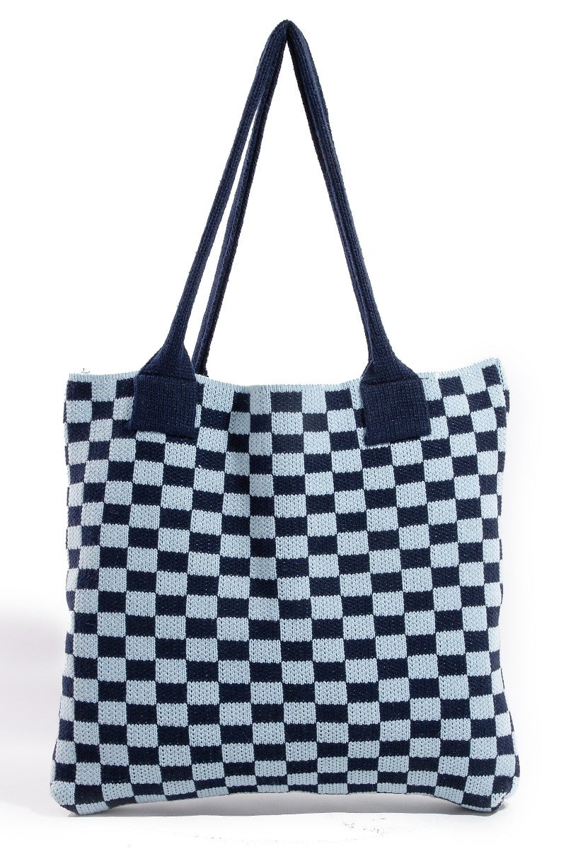 Fame Checkered Pattern Knit Tote Bag