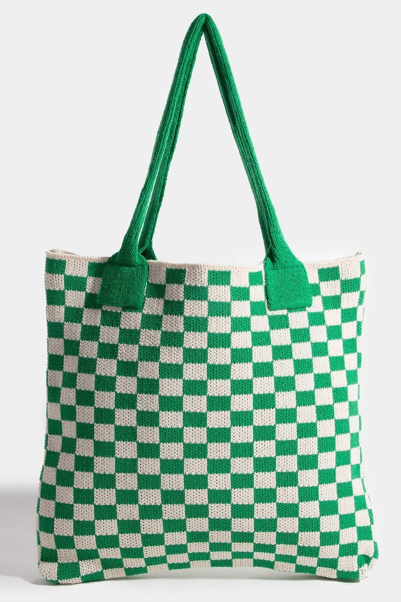 Fame Checkered Pattern Knit Tote Bag