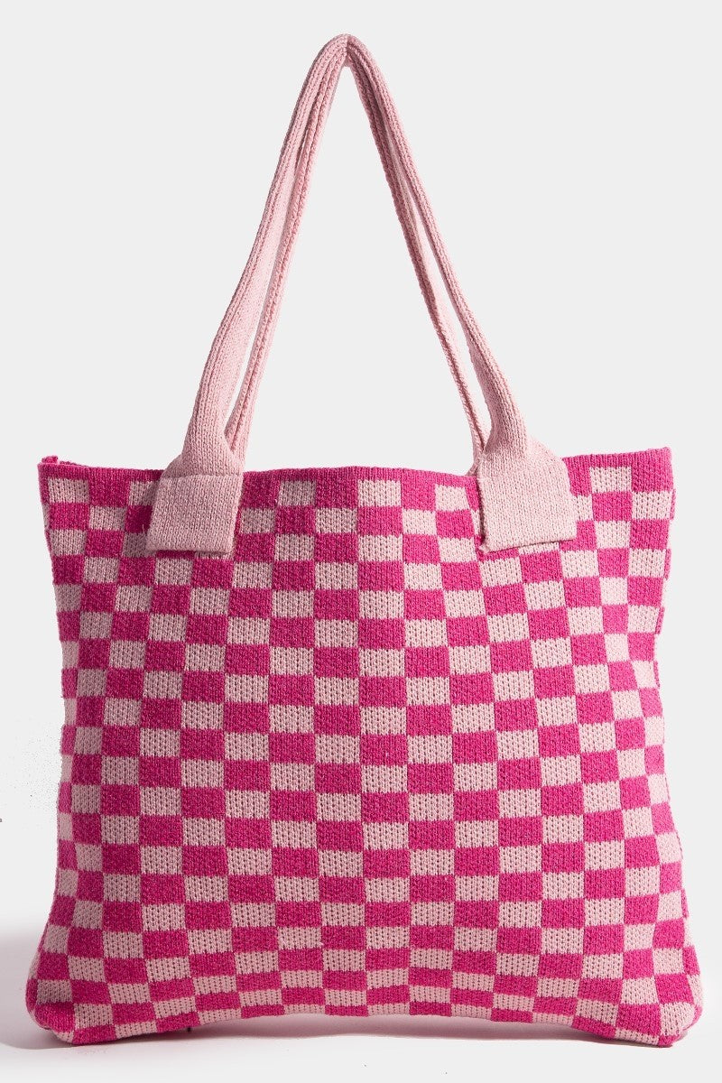 Fame Checkered Pattern Knit Tote Bag