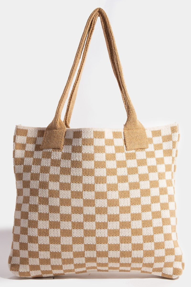 Fame Checkered Pattern Knit Tote Bag