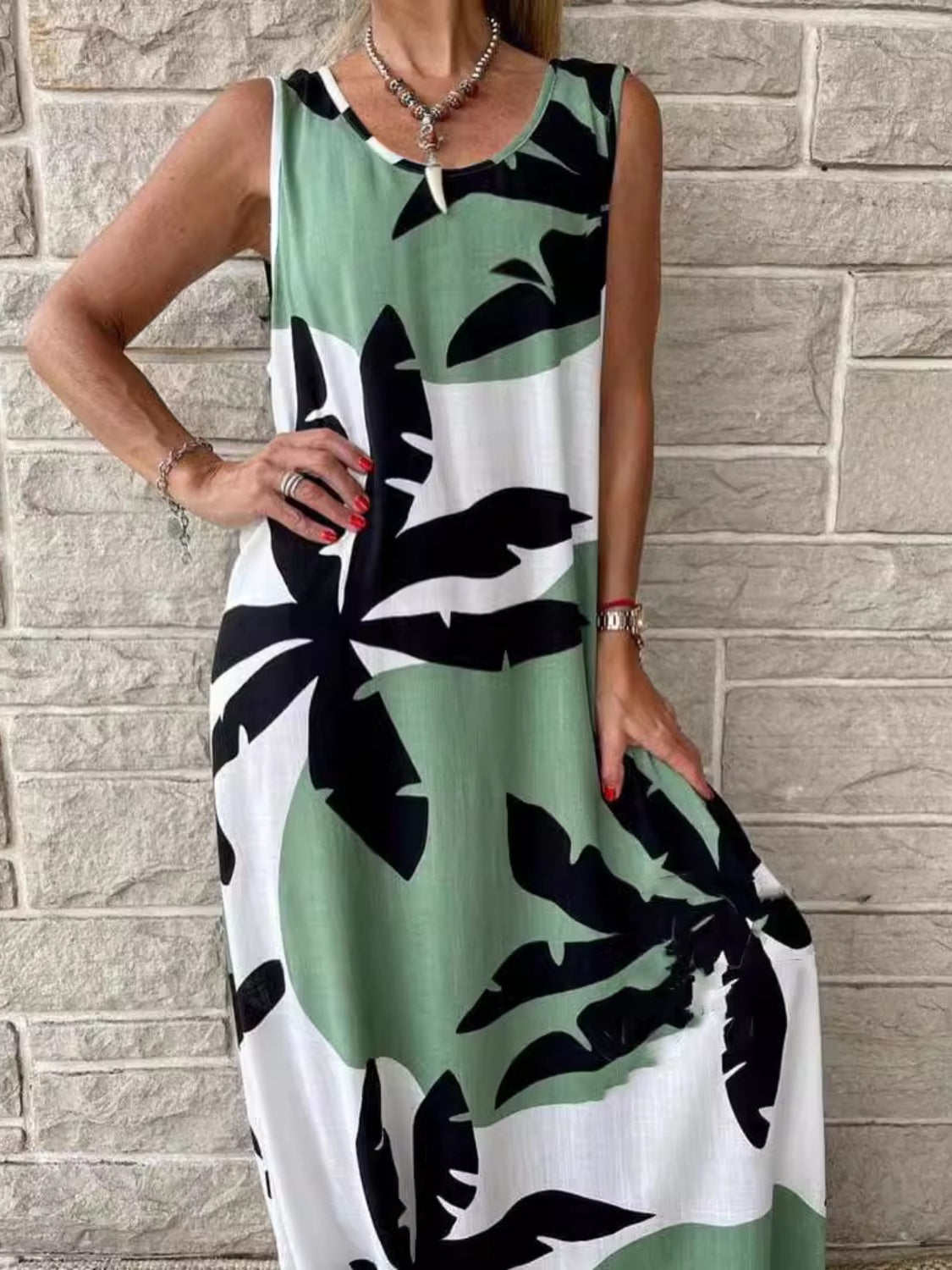 Printed Round Neck Tank Maxi Dress Plus Size