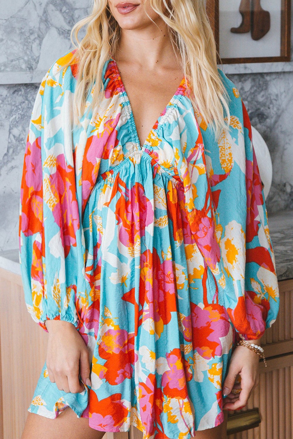 Floral Bracelet Sleeve Empire Waist Mini Dress YNIQUE