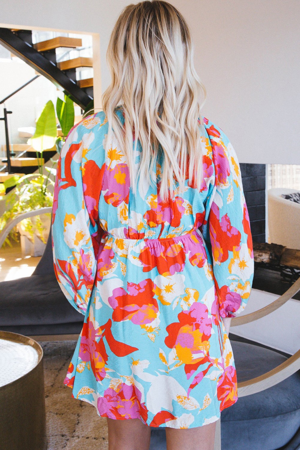 Floral Bracelet Sleeve Empire Waist Mini Dress YNIQUE