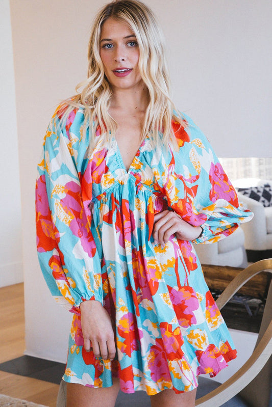 Floral Bracelet Sleeve Empire Waist Mini Dress YNIQUE