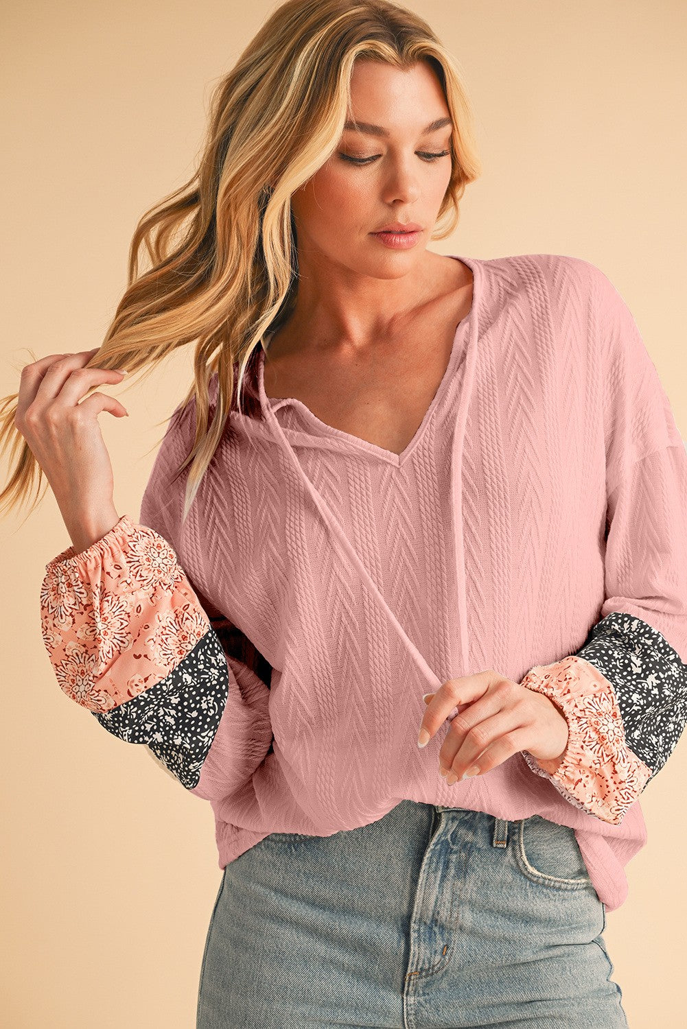 Floral Patchwork Sleeves Textured Drawstring V Neck Top SHEWIN INC.