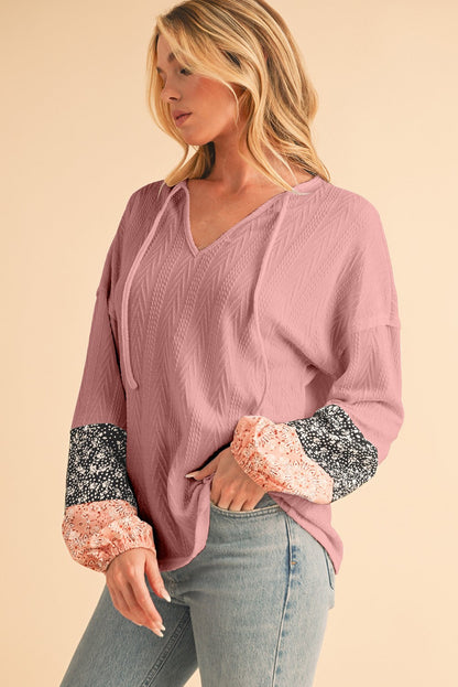 Floral Patchwork Sleeves Textured Drawstring V Neck Top SHEWIN INC.