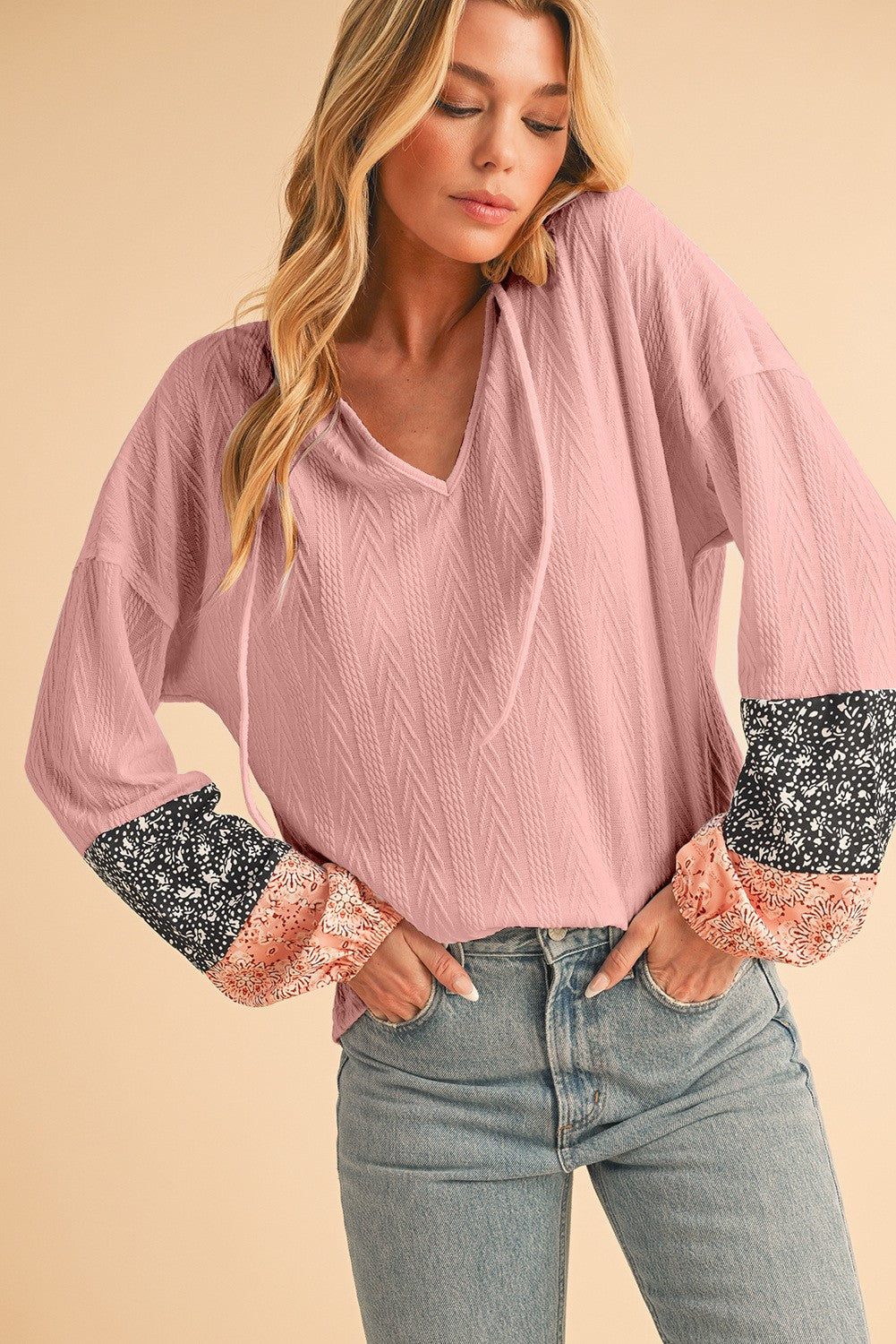 Floral Patchwork Sleeves Textured Drawstring V Neck Top SHEWIN INC.