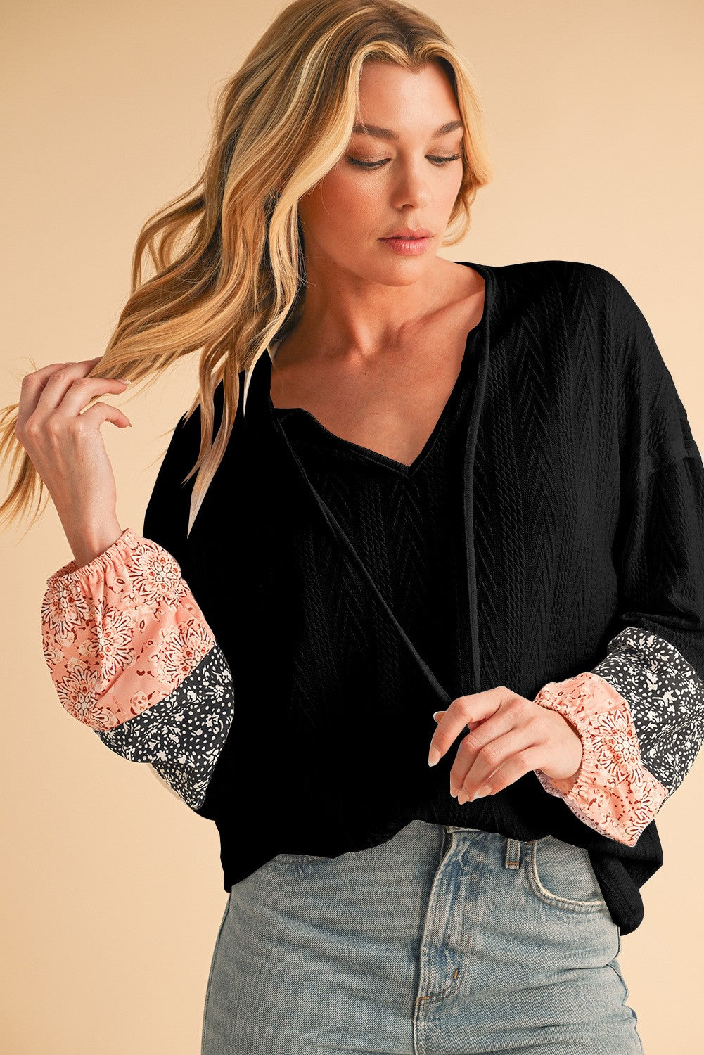Floral Patchwork Sleeves Textured Drawstring V Neck Top SHEWIN INC.