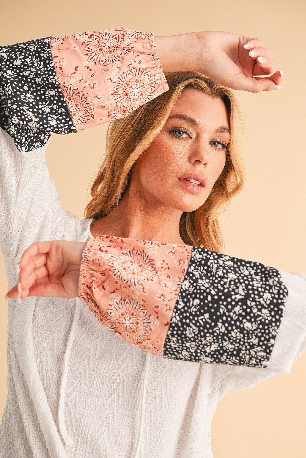 Floral Patchwork Sleeves Textured Drawstring V Neck Top SHEWIN INC.
