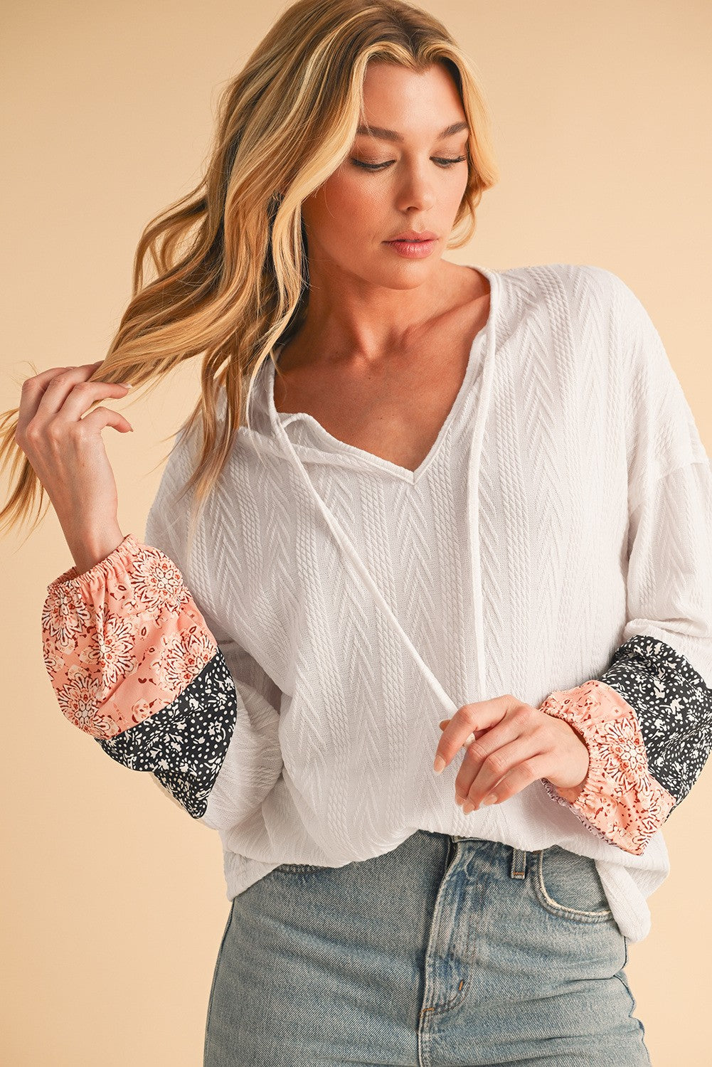 Floral Patchwork Sleeves Textured Drawstring V Neck Top SHEWIN INC.