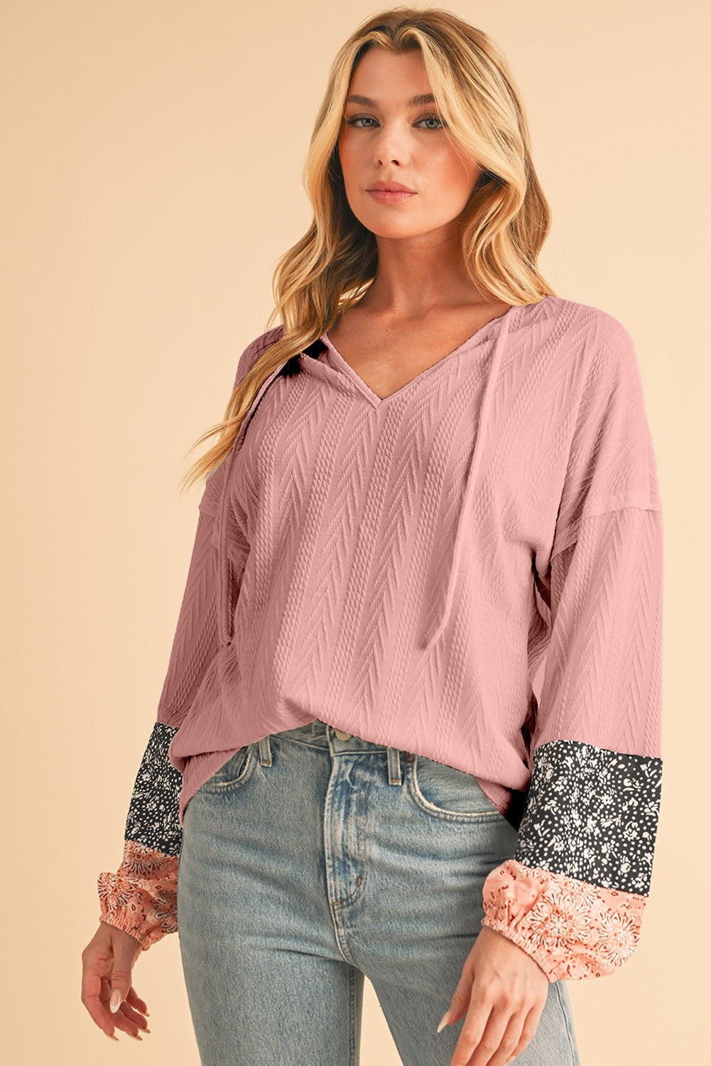 Floral Patchwork Sleeves Textured Drawstring V Neck Top SHEWIN INC.