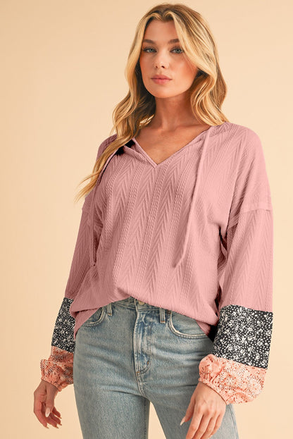 Floral Patchwork Sleeves Textured Drawstring V Neck Top SHEWIN INC.