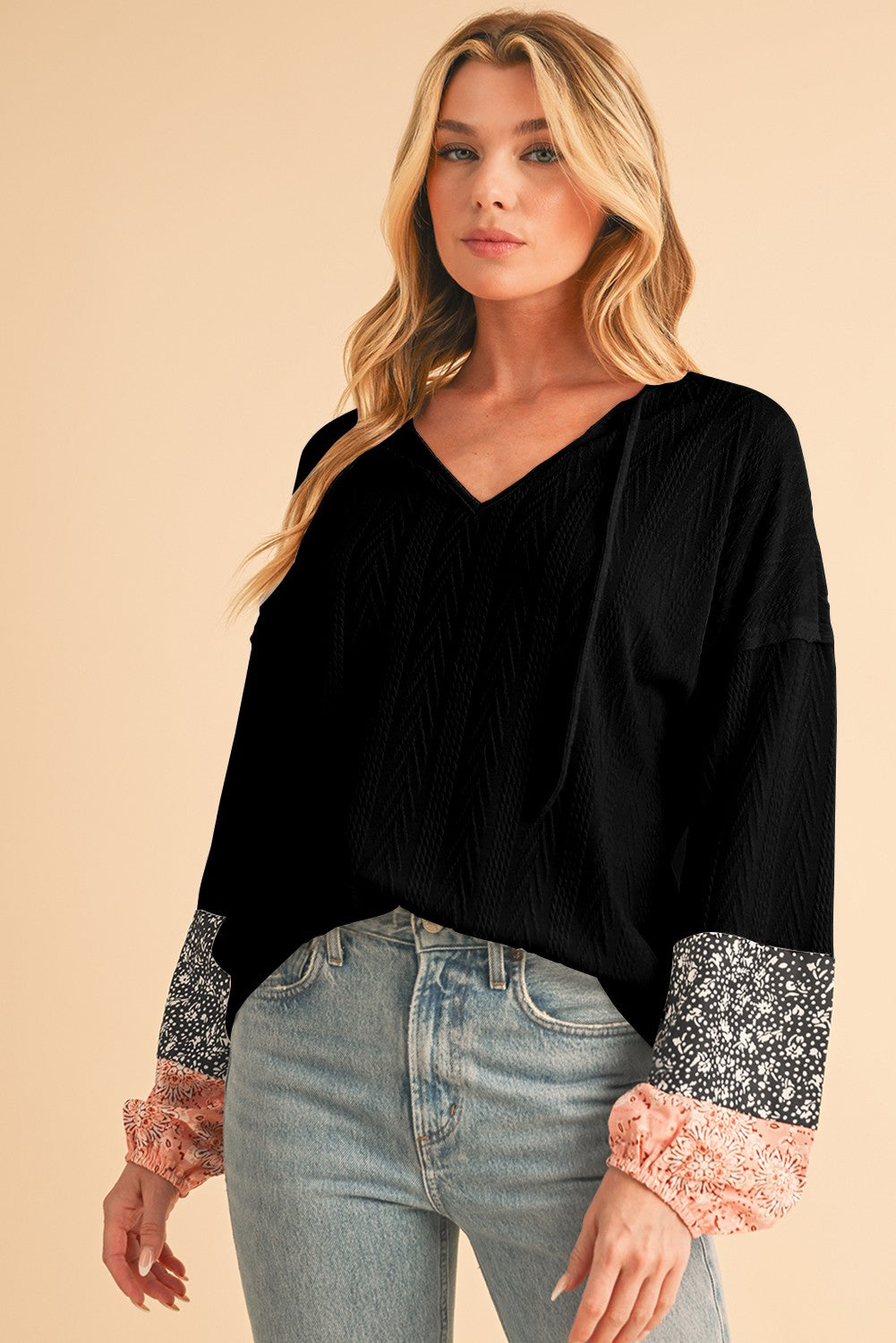 Floral Patchwork Sleeves Textured Drawstring V Neck Top SHEWIN INC.