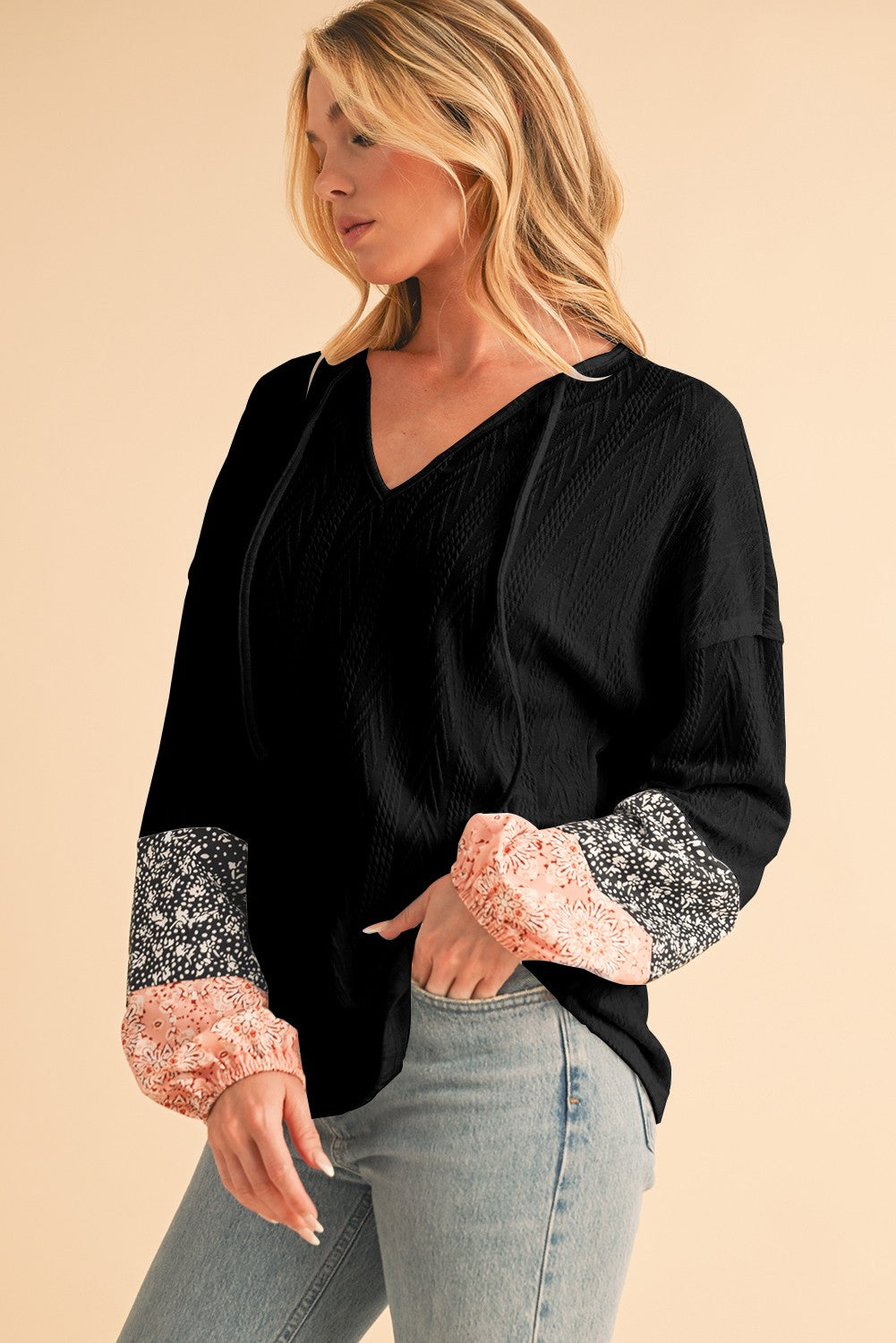 Floral Patchwork Sleeves Textured Drawstring V Neck Top SHEWIN INC.
