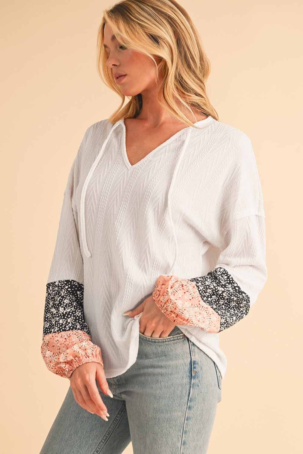 Floral Patchwork Sleeves Textured Drawstring V Neck Top SHEWIN INC.