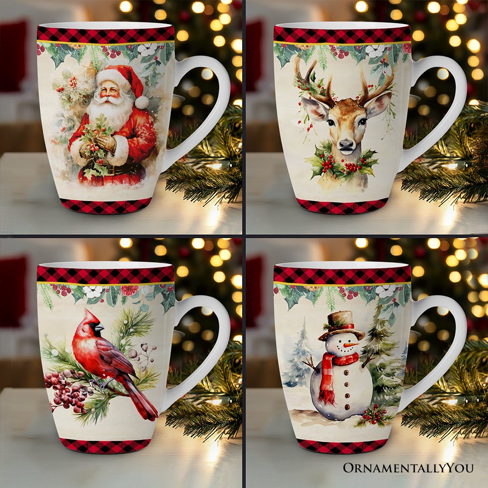 Festive Country Plaid Set of 4 Ceramic Mugs  DAME BOHEME