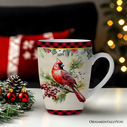 Festive Country Plaid Set of 4 Ceramic Mugs with Real Gold Trim, Christmas Kitchen Coffee Cup Gift with Santa, Cardinal, Deer, and Snowman  DAME BOHEME