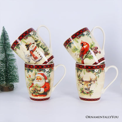 Festive Country Plaid Set of 4 Ceramic Mugs with Real Gold Trim, Christmas Kitchen Coffee Cup Gift with Santa, Cardinal, Deer, and Snowman  DAME BOHEME