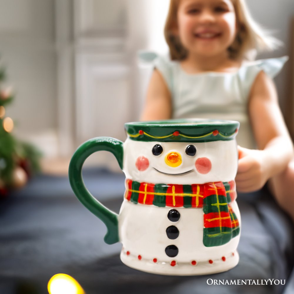 Wonderful Plaid Scarf Snowman 4" Ceramic Mug, Kitchen Christmas Drinkware Decoration  DAME BOHEME