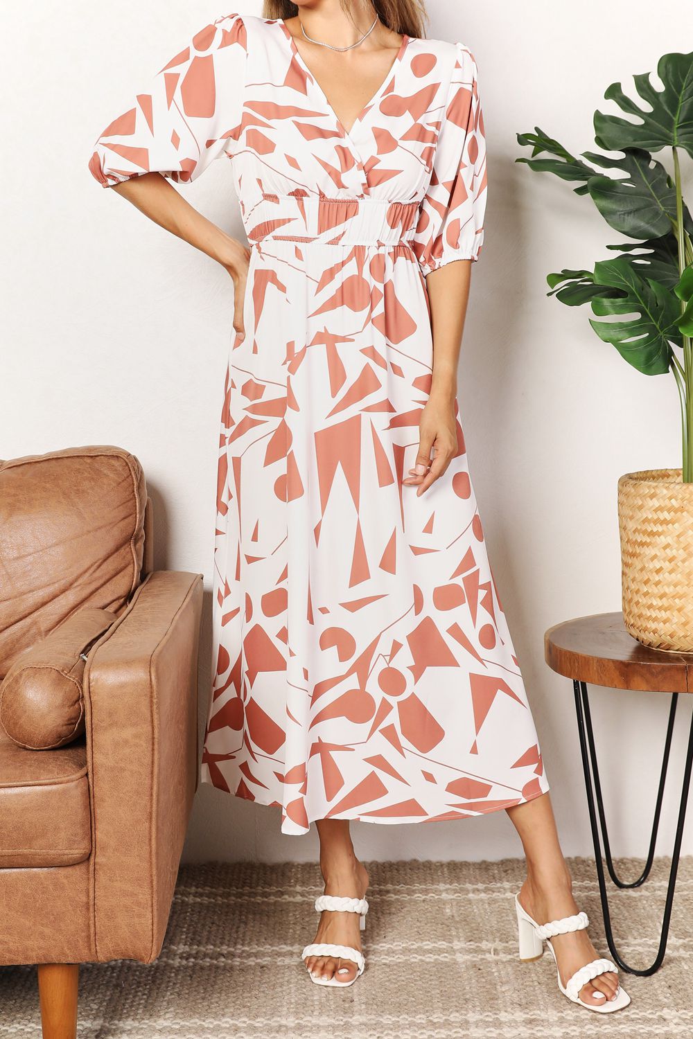 Geometric Print Surplice Balloon Sleeve Midi Dress Trendsi