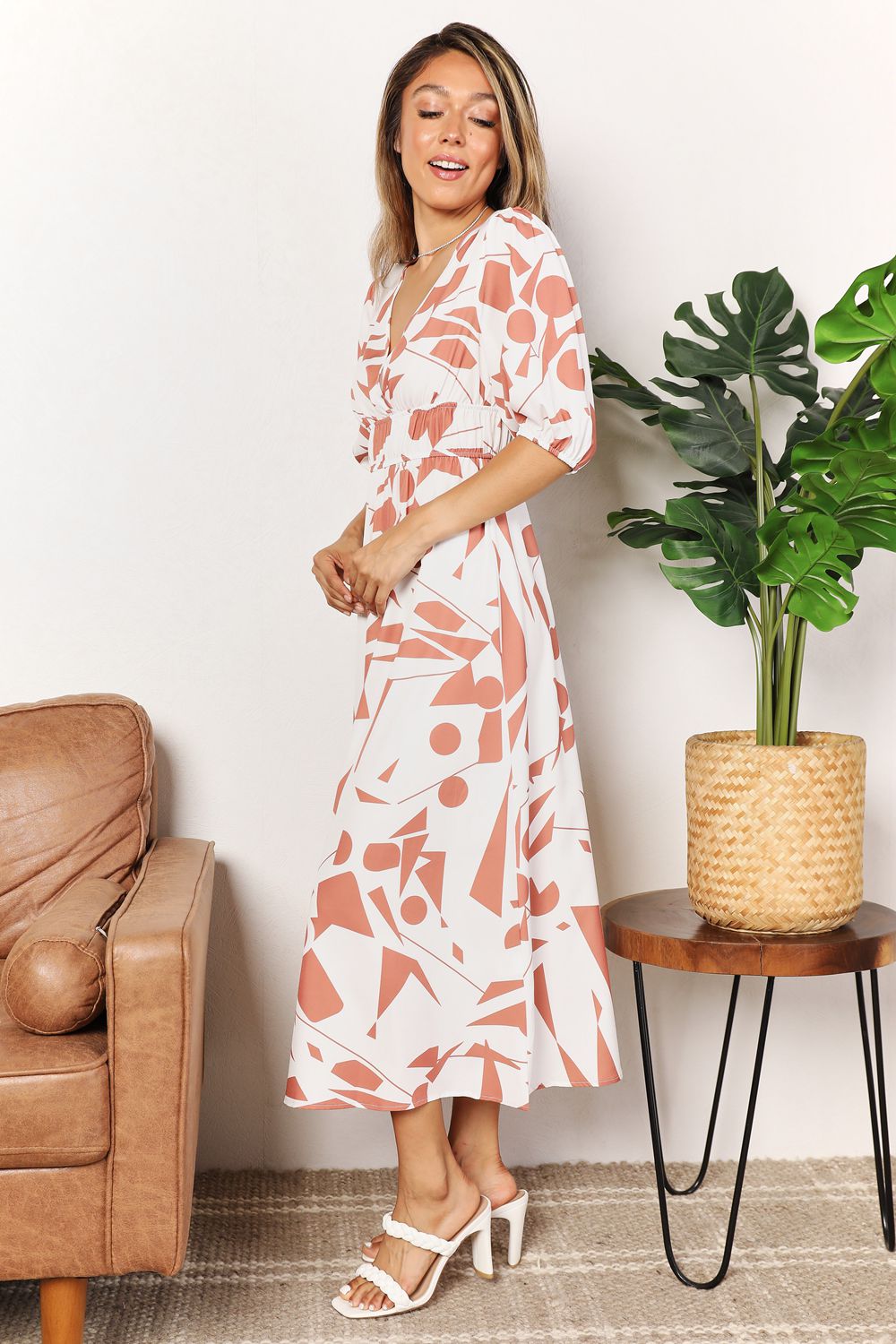 Geometric Print Surplice Balloon Sleeve Midi Dress Trendsi