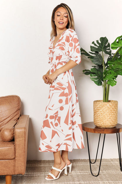 Geometric Print Surplice Balloon Sleeve Midi Dress Trendsi