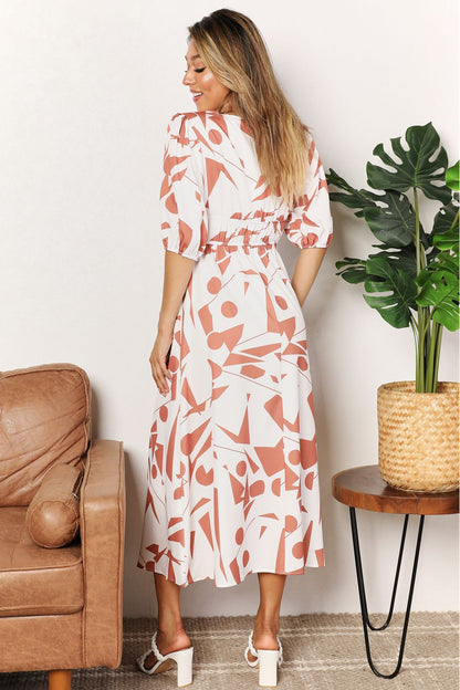 Geometric Print Surplice Balloon Sleeve Midi Dress Trendsi