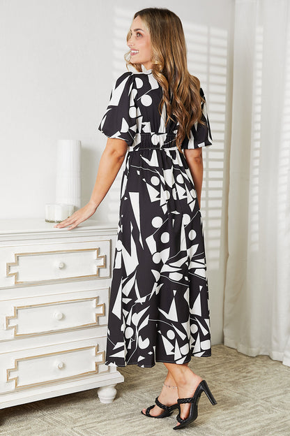 Geometric Print Surplice Balloon Sleeve Midi Dress Trendsi