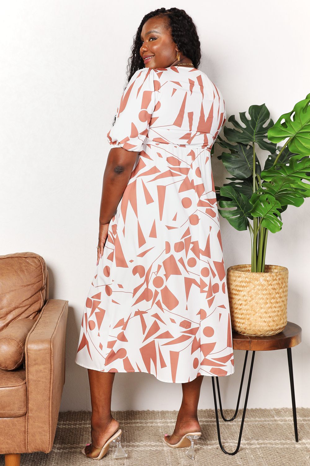 Geometric Print Surplice Balloon Sleeve Midi Dress Trendsi