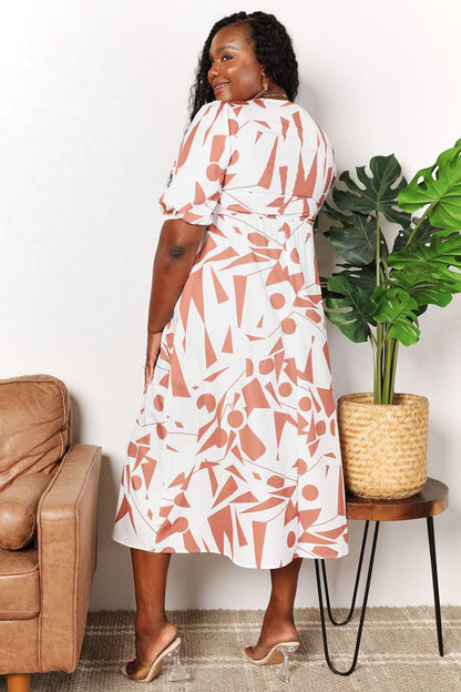 Geometric Print Surplice Balloon Sleeve Midi Dress Trendsi