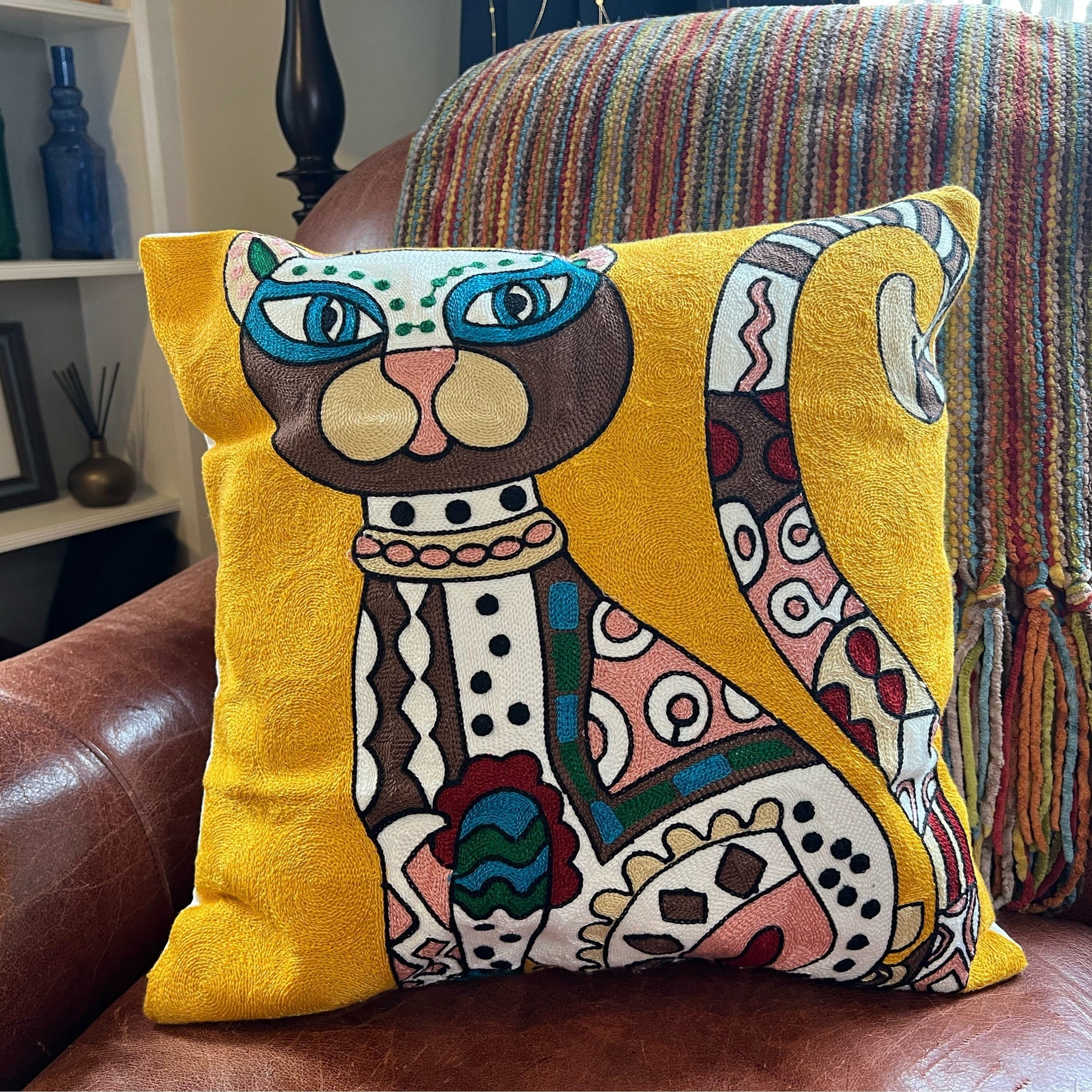 Gold Abstract Art Inspired Cat | Embroidered Pillow Cover  DAME BOHEME