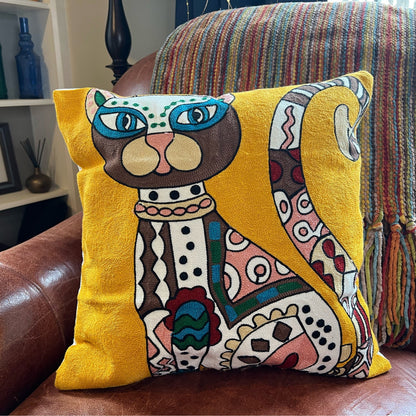 Gold Abstract Art Inspired Cat | Embroidered Pillow Cover  DAME BOHEME