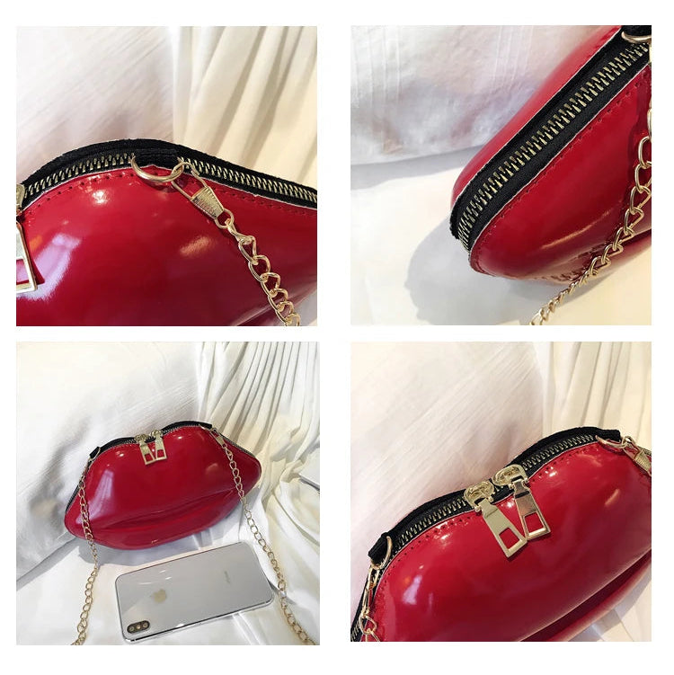 Lips Shaped Gold Chain Zipper Shoulder Clutch Crossbody Bag