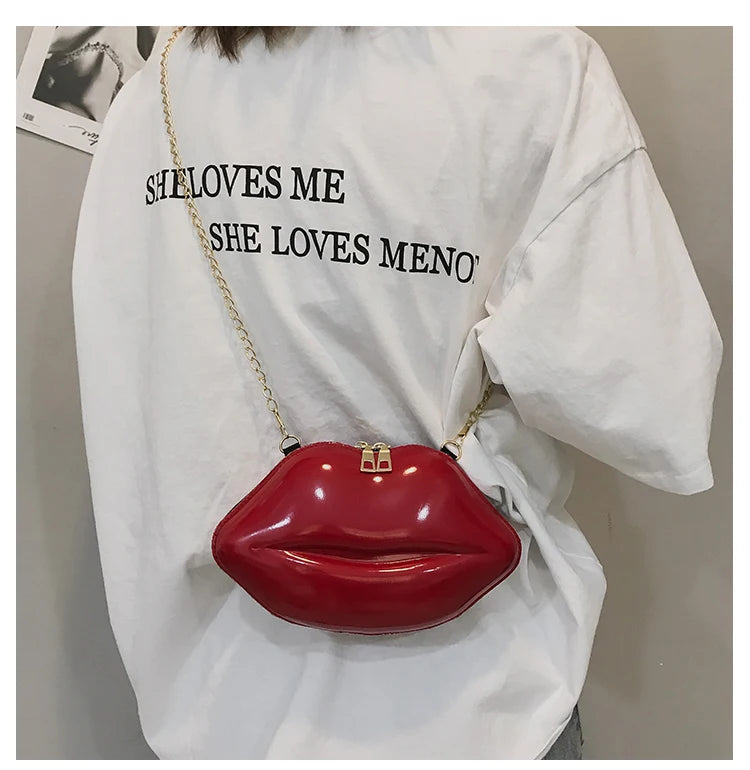 Lips Shaped Gold Chain Zipper Shoulder Clutch Crossbody Bag