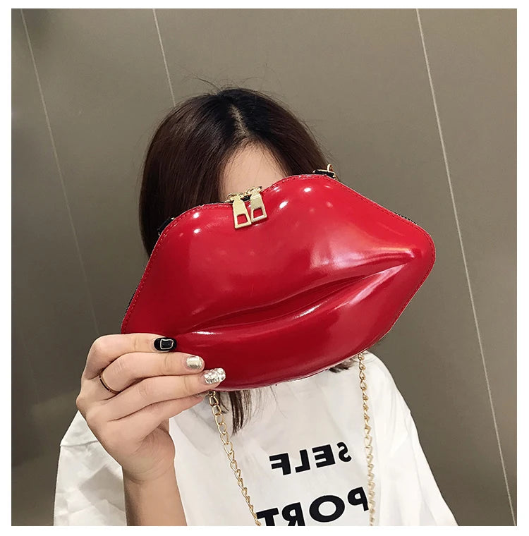 Lips Shaped Gold Chain Zipper Shoulder Clutch Crossbody Bag