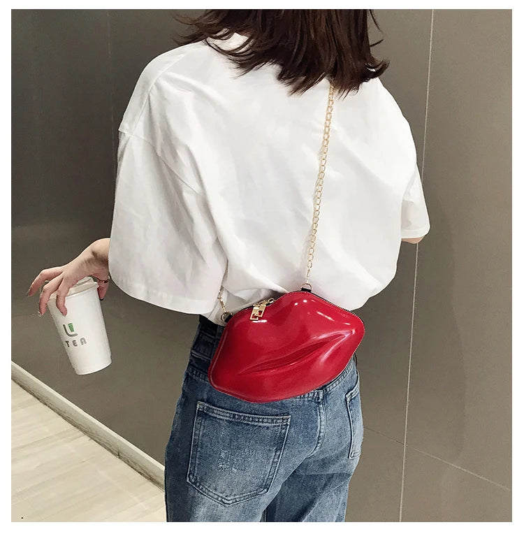 Lips Shaped Gold Chain Zipper Shoulder Clutch Crossbody Bag