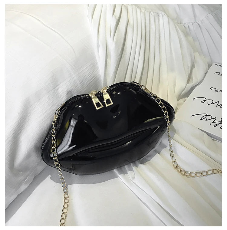 Lips Shaped Gold Chain Zipper Shoulder Clutch Crossbody Bag