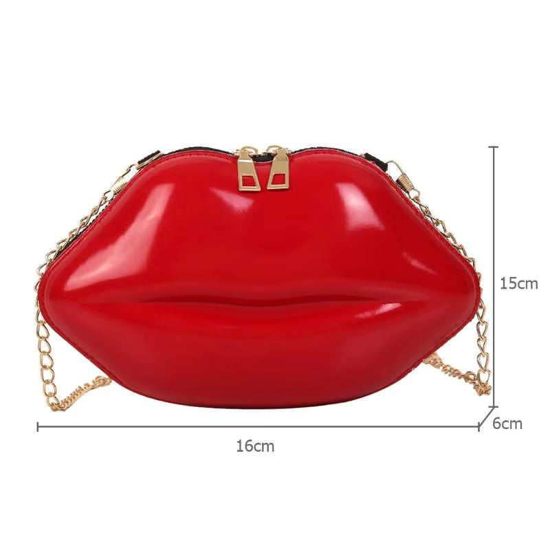 Lips Shaped Gold Chain Zipper Shoulder Clutch Crossbody Bag