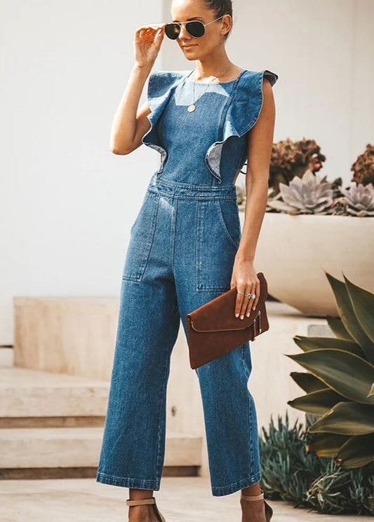 Ruffled Cris Cross Sleeveless Denim Jumpsuit Trendsi