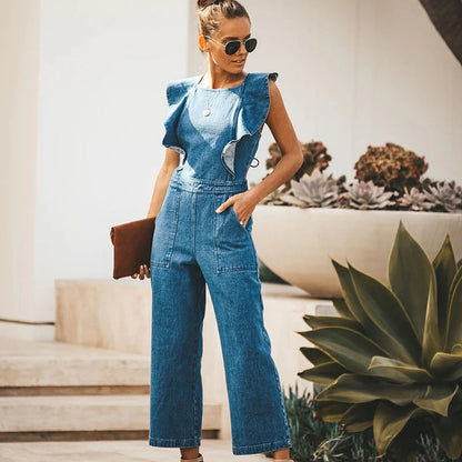 Ruffled Cris Cross Sleeveless Denim Jumpsuit Trendsi