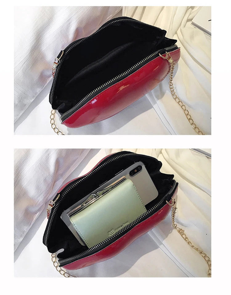 Lips Shaped Gold Chain Zipper Shoulder Clutch Crossbody Bag