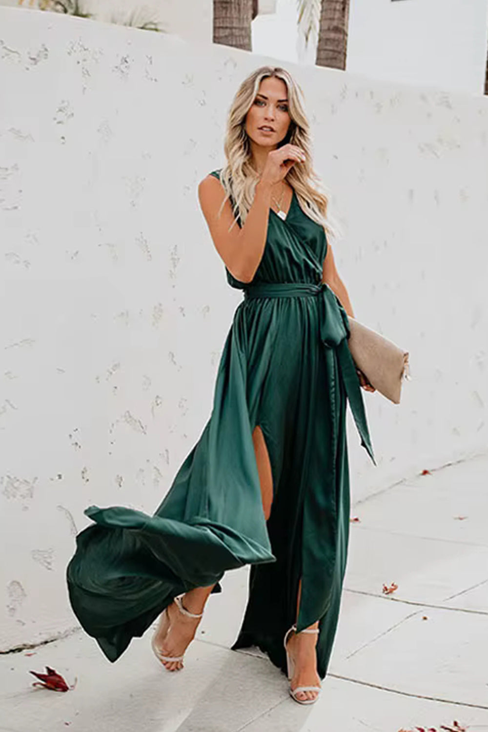 Surplice Tie Waist Maxi Dress Trendsi
