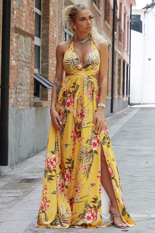 Halter Neck Yellow Floral Split Maxi Dress Trendsi